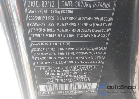 2013 Land Rover Range Rover Sport Hse z USA, uszkodzony, nr VIN SALSF2D4XDA780145